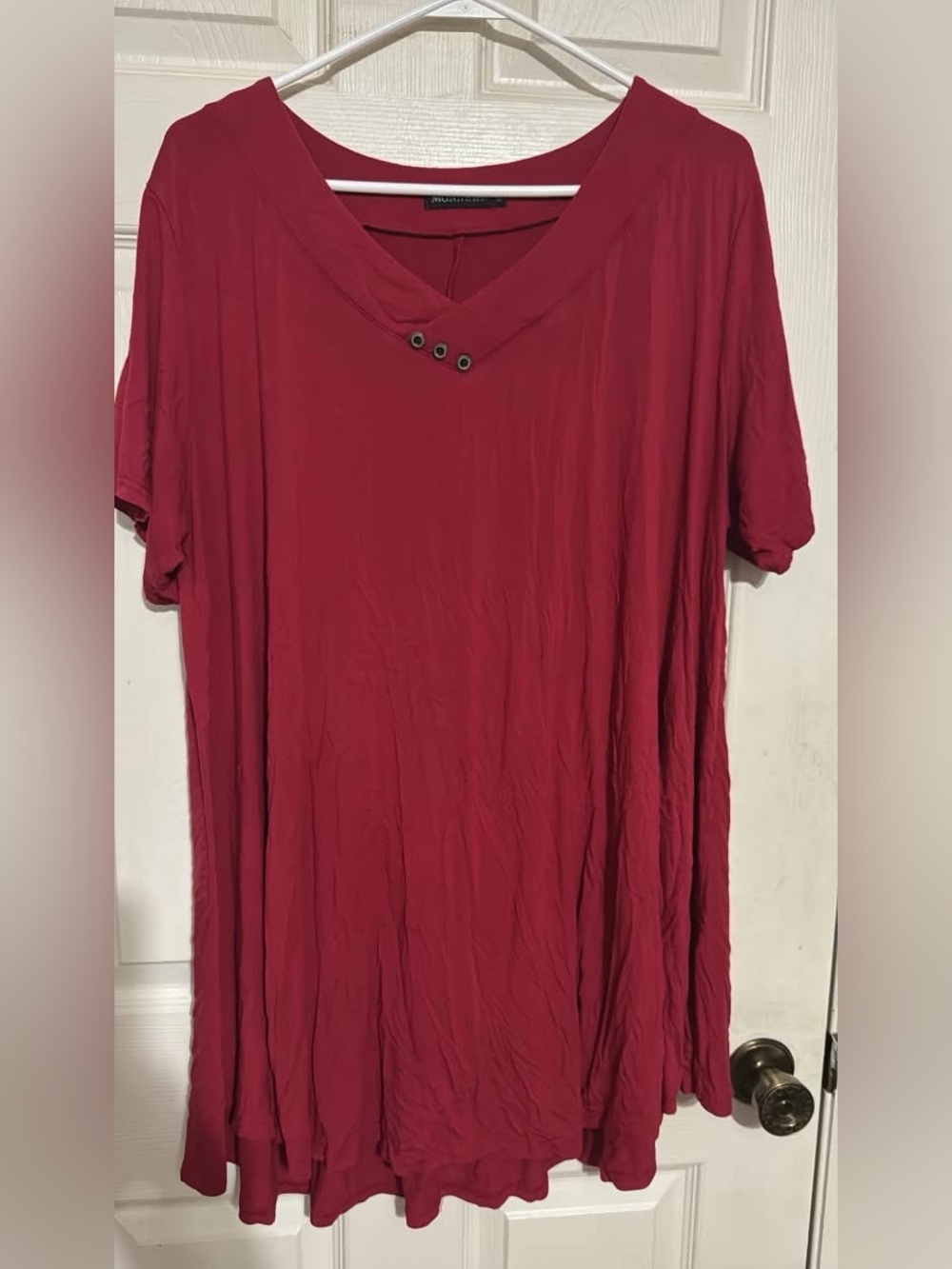Relaxed Red Short-Sleeve V-Neck Tunic with Grommet Detail